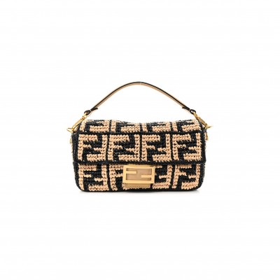 FENDI RAFFIA VITELLO GRACE FF CROCHET BAGUETTE NATURAL BLACK PAGLIA (27*15*6cm) 